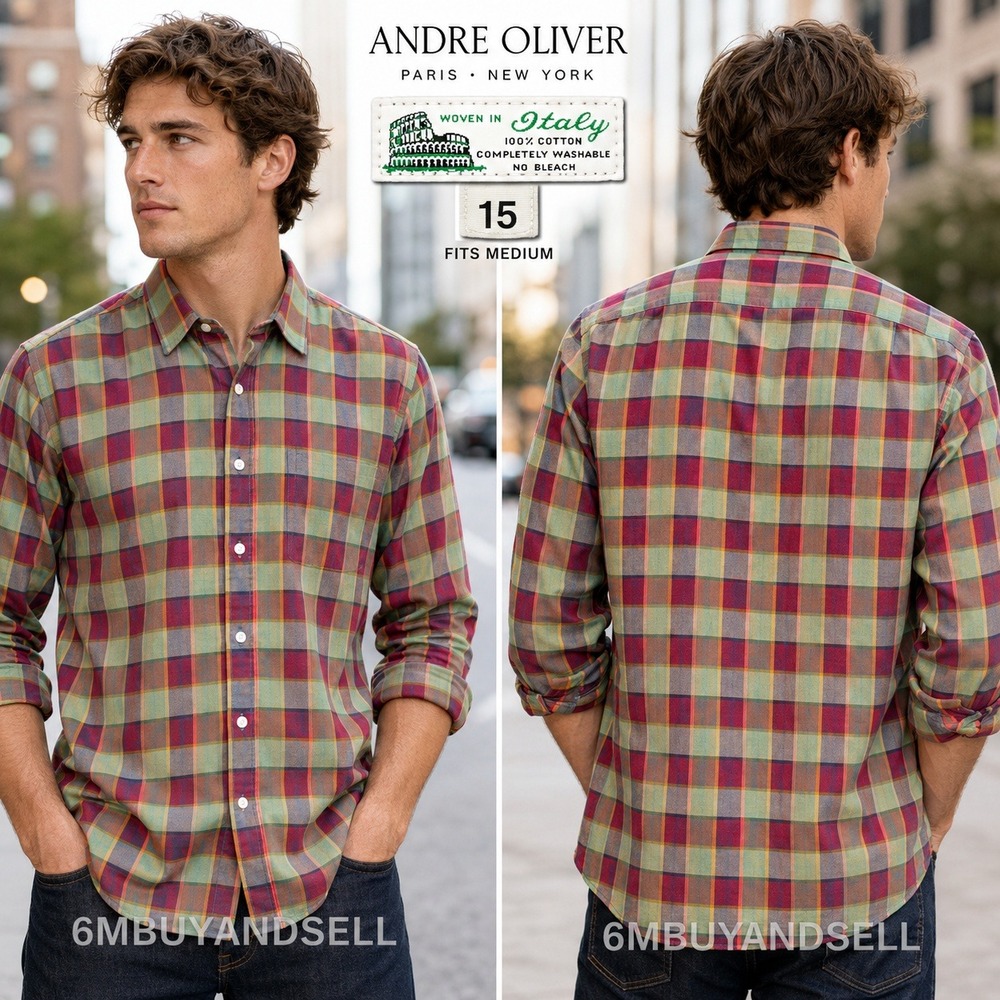 Andre Oliver Vintage Mens 15 Plaid Button Down Shirt Med Woven Italy Multi Color